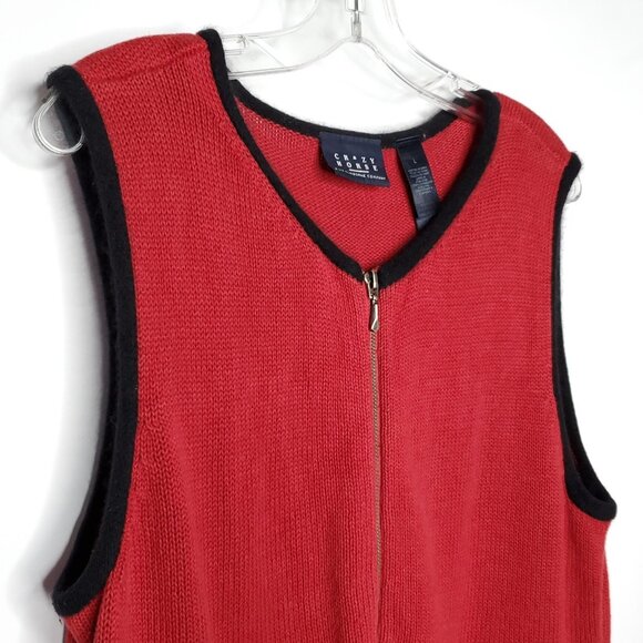 Womens Zip Up Sweater Vest L Red Black Fair Isle Nordic Sequin Angora Accent - Picture 2 of 5